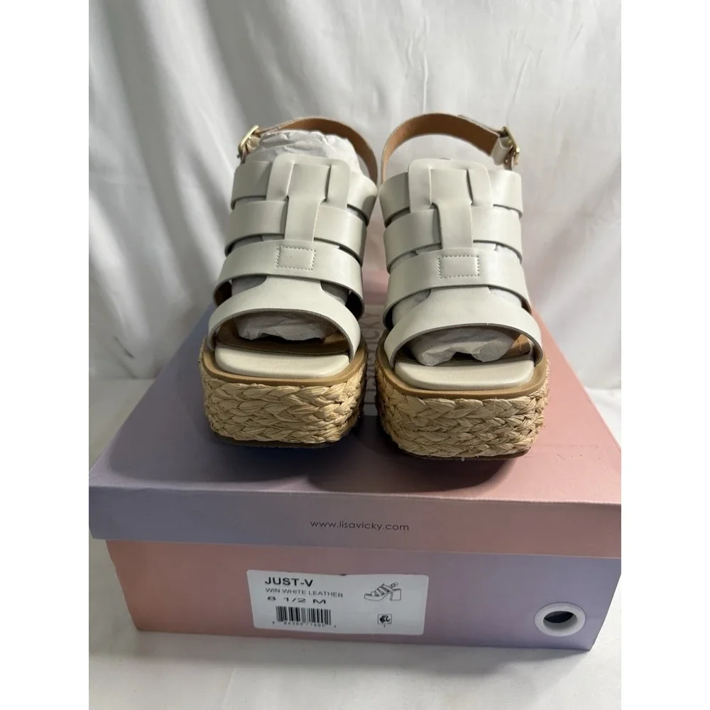 Lisa Vicky Nordstrom Just-V White Leather Strappy Platform Women Size 8.5‎